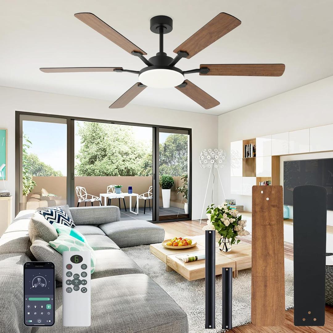 60 Inch Ceiling Fans with Lights, Large Modern Brown Ceiling Fan with Light and Remote Control, 6 Double Sided Blades, 6 Speed Reversible Motor, Dimmable LED, Silent Timing, Indoor Outdoor Patio Use