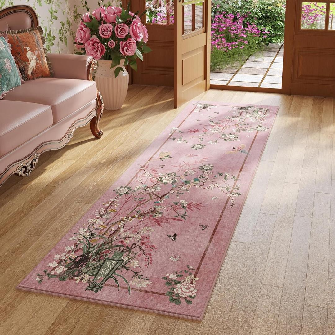Runner Rug Chinoiserie-Style Floral Vintage Kitchen Rugs Non Slip Washable with Rubber Backing Soft Carpet for Laundry, Bedroom, Bathroom, Pink (2'7" x 8' (Rectangular))