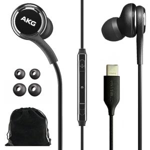 Samsung AKG Wired Earbuds Original USB Type C in-Ear Earbud Headphones with Remote & Microphone for Music, Phone Calls, Work - Noise Isolating Deep Bass, Includes Velvet Carrying Pouch - Black