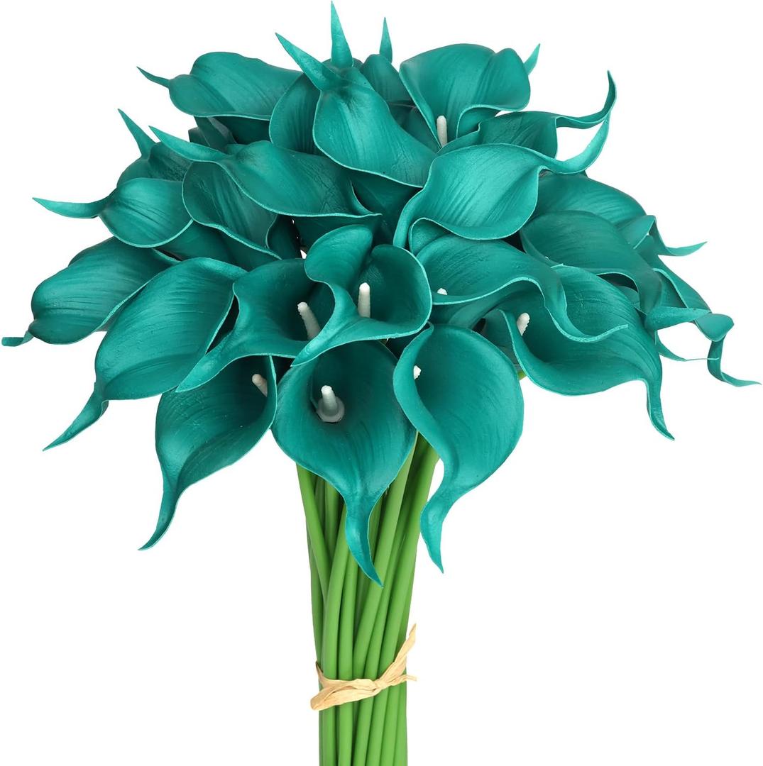 30Pack Real Touch PU Latex Artificial Calla Lily Flowers for Wedding Party and Home Decor-Teal Blue