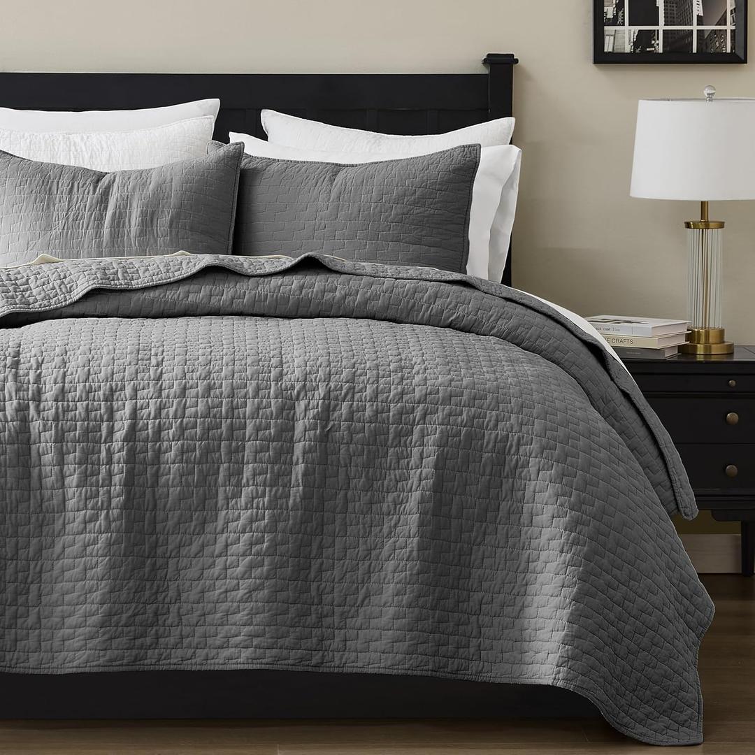 palassio Dark Grey 100% Cotton Quilt California Cal King Size Bedding Sets with 2 Pillow Shams, Oversized Lightweight Bedspread Shabby Chic Coverlet, Soft Bed Cover for All Season, 3 Pieces