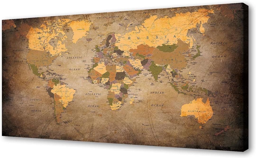 Baisuwallart 1 Piece Vintage World Map Canvas Wall Art- Ready to Hang - Home Office Decor Picture Prints for Living Room Bedroom Abstract Painting Artwork 71x36inches