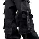 Mens Goth Baggy Cargo Jeans with Pockets Steampunk Patchwork Embroidery Wide Leg Denim Pants (X-Small, F10 Black)