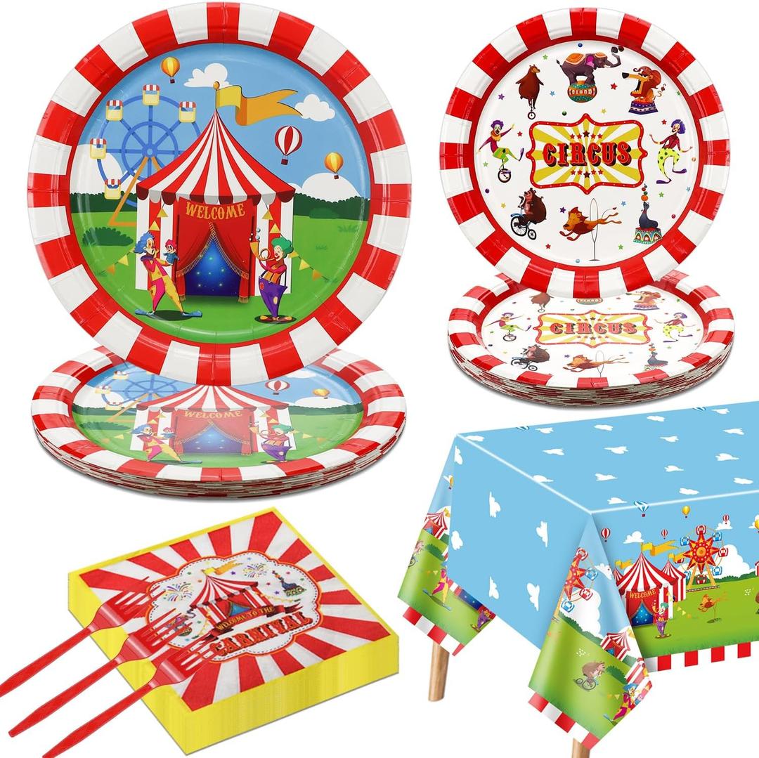 Carnival Party Supplies for 20 Guests, Disposable Tableware Set includes Carnival Paper Plates, Welcome to Circus Tablecloth, Napkins and Forks for Circus Carnival Party Decorations, Birthday Party