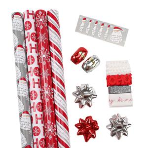 LaRibbons Christmas Wrapping Paper Set, Classic Santa & Snowflake & Plaid Design with Gift Bow & Ribbons & Tags, Perfect for Holiday, Season Party, 30 Inch X 10 Feet (4Rolls, 100 sq.ft.ttl.)
