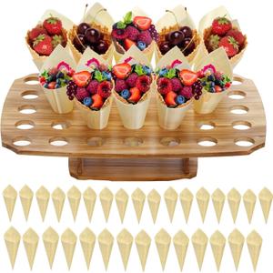 Ice Cream Cone Holder Stand with 100pcs Wooden Cones, 35 Holes Ice Cream Stand, Charcuterie Cones for French Fry Holder, Waffle Cones, Food Display, Catering Supplies, 12"x16"