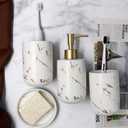 White Marble Ceramic Bathroom Set (4-Piece) - Elegant Soap Dish, Gold Pump Dispenser & Tumblers for Vanity, Sink & Bathroom Decor