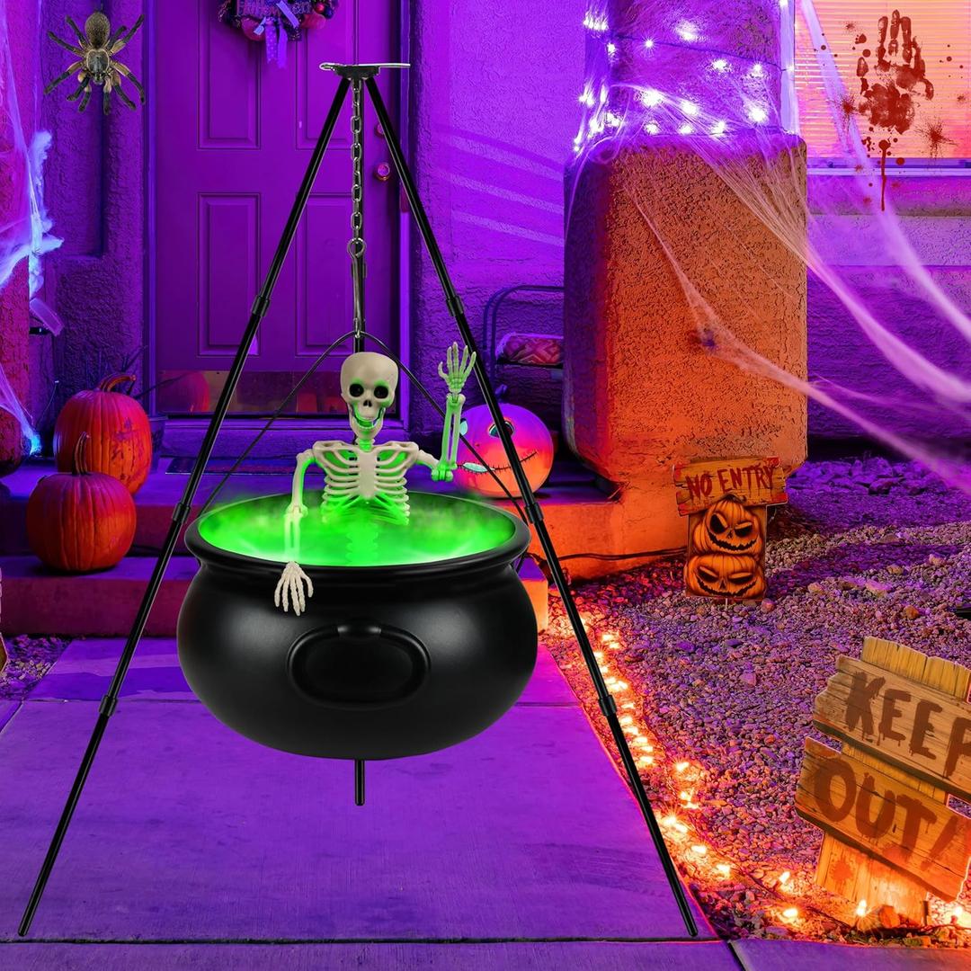 Halloween Decorations Outdoor, 12.6” Large Witches Cauldron Kettle on Tripod with Skeleton, LED Lights, Black Plastic Cauldron Candy Bowl Bucket Decoration for Yard Home Porch Outside Decor