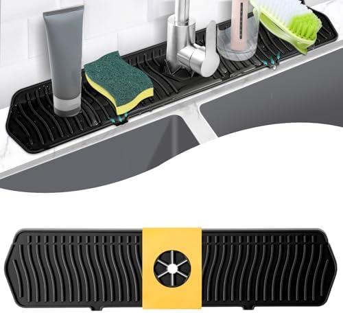 COBETE Kitchen Sink Splash Guard, 24in Faucet Mat Splash Catcher, Handle Drip Catcher Tray, Multipurpose for Kitchen Dish Drying Mats Sponge Holder and Bathroom Countertop Protect(Black)