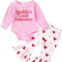 Baby Girl Valentine's Day Outfits Heart Print Romper+Flared Pants+Headband Infant Clothes 0-18 Months (Daddy's Little Valentine-pink)