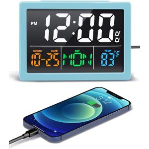 Digital Alarm Clock, with 5.5" Large LED Time Display, Adjustable Alarm Volume, 6 Level Brightness, Alarm Settings, USB Charger, Temperature Detect, Snooze, Clocks for Bedroom, Bedside, Desk, Blue