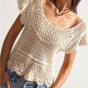 MakeMeChic Women's Summer Boho Crochet Tops Hollow Out Sweater Short Sleeve Backless Top Beach Coverup (Beige, L)
