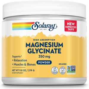SOLARAY Magnesium Glycinate Powder 350 mg - Unflavored Magnesium Powder - Magnesium Supplement for Bone, Muscle, and Relaxation Support - Vegan, Non-GMO, 50 Servings, 9.8 OZ, BBD 05/28