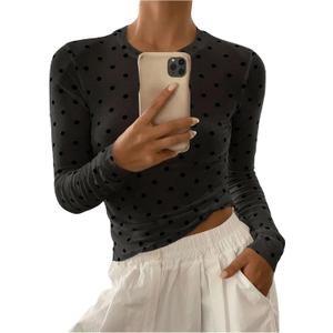SHENHE Women's Polka Dots Sheer Mesh T Shirt Round Neck Slim Fitted Streetwear Top Black Medium