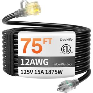12/ 3 75 FT Heavy Duty Outdoor Extension Cord Waterproof with Lighted End, Black 12 Gauge Extension Cord Flexible and Cold Resistant 3 Prong Grounded Plug, 15Amp 1875W SJTW ETL Listed
