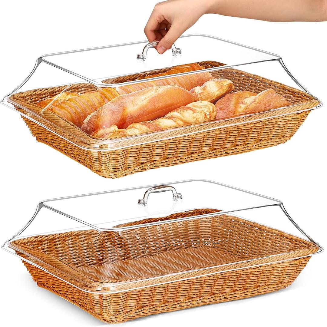 Mumufy 2 Pack Wicker Large Bread Basket for Serving with Acrylic Lid Woven Rectangular Imitation Rattan Fruit Basket with Cover Food Vegetable Display Tabletop Restaurant Kitchen (17.72x13.78'')