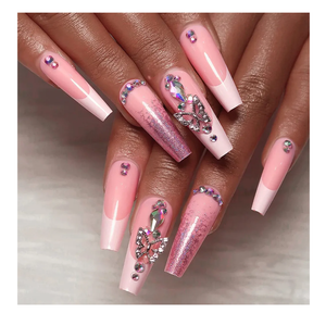 24 Pcs Press on Nails Long Length Square Fake Nails Light Pink Glittering False Nails with Three-Dimensional Butterfly Rhinestone Design Glossy Stick on Nails Acrylic Nails for Women and Girls