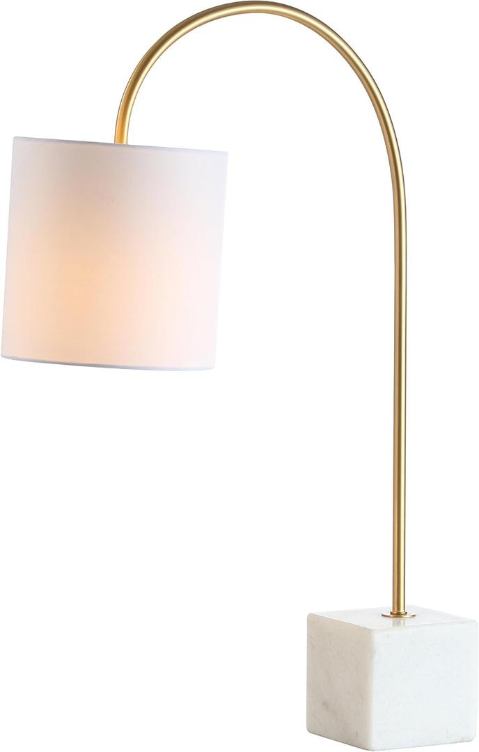 JONATHAN Y 25" Marble and Brass Gold Modern Arched Table Lamp, Contemporary Iron Desk Lamp with White Linen Drum Shade for Bedroom Living Room, LED Bulb Included JYL5023A