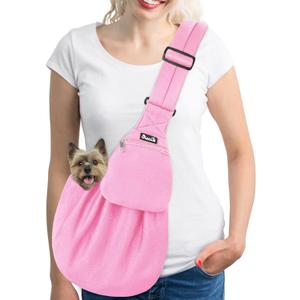 SlowTon Dog Carrier Sling - Thick Padded Shoulder Strap Adjustable Dog Carriers for Small Dogs, Puppy Carrier Purse for Pet Cat with Front Zipper Pocket Safety Belt Machine Washable (Baby Pink, M)