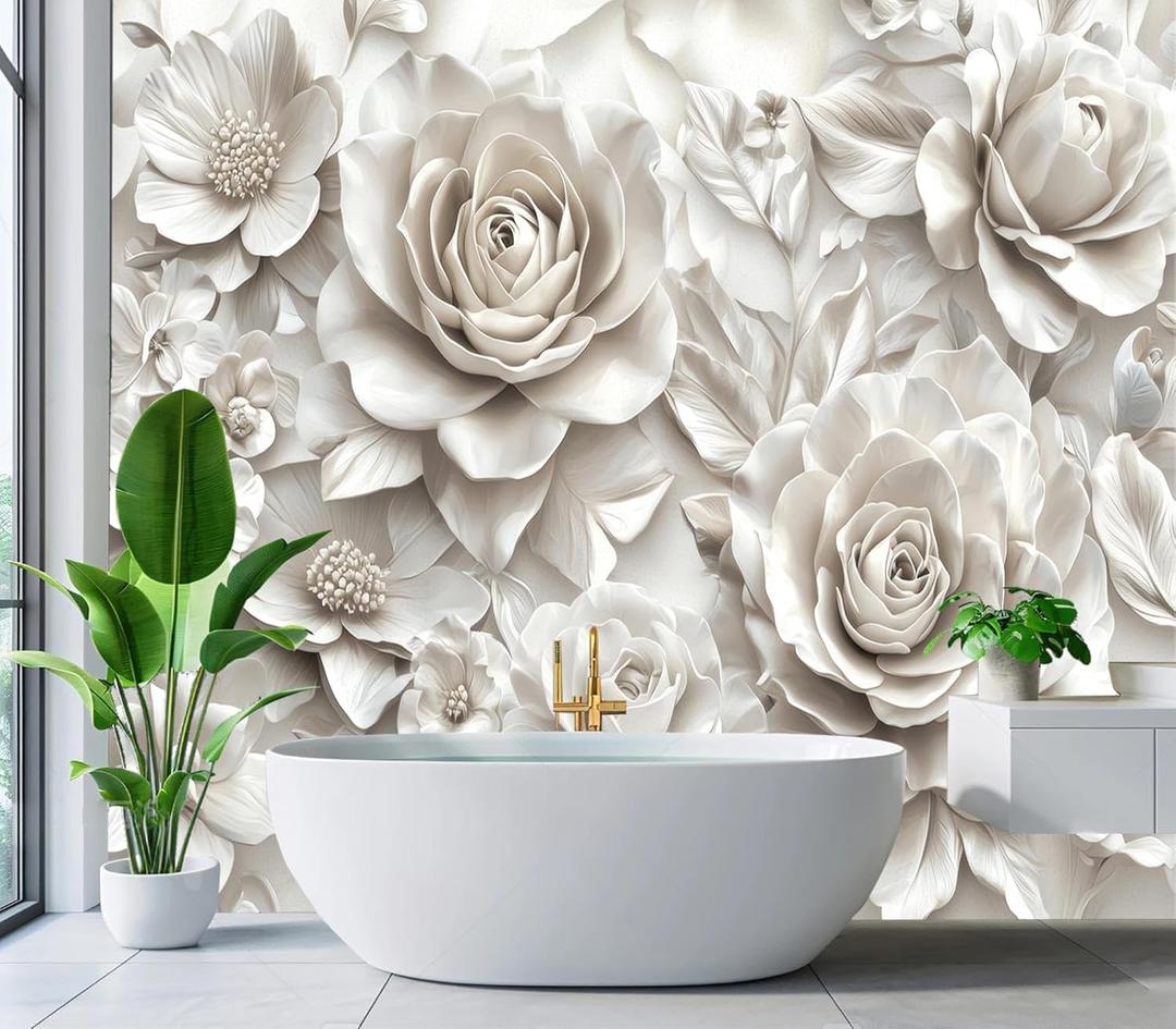 JHGRXFHB-White Rose Flower Wall Mural Wallpaper Peel and Stick 160" x 114"