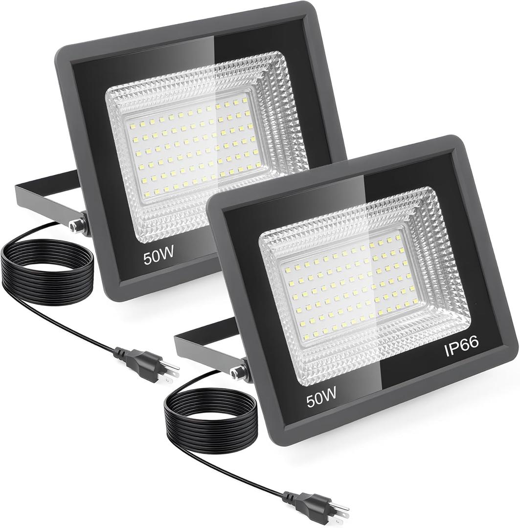 50W LED Flood Light, 5500LM Super Bright 6500K Daylight Outdoor Security Light with Plug, IP66 Waterproof for Yard, Garden, Court & Arena (50W-2Pack)