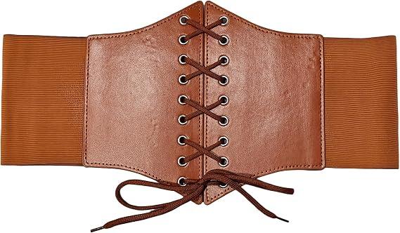 Wildarms Corset Waist Belt for Women, Wide Elastic Tie Waspie Belt for Dresses (Brown, Fit Waist 29-32in)