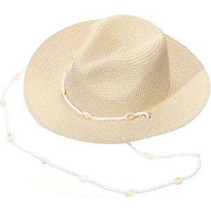 Cutecrop Womens Beach Straw Hats Wide Brim Summer Sun Hats with Seashells Lanyard Foldable Packable Panama Cap Vacation Essentials Beige