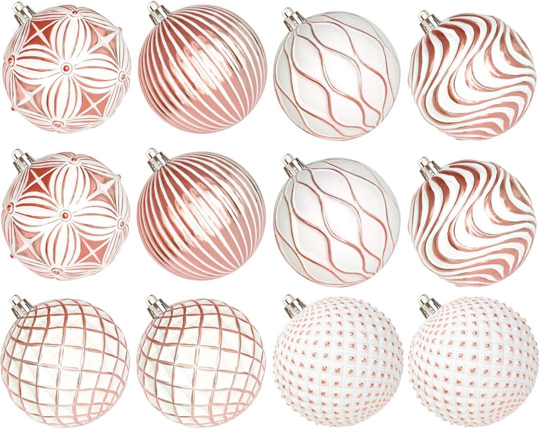 Lanpn 12 Pcs 4" Large Christmas Balls Ornaments, Outdoor Xmas Tree Hanging Decorations, Shatterproof Christmas Ball Ornament Set for Home Winter Holiday, Assorted Relief Pattern, White & Rose Gold
