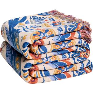 Boho Throw Blanket - 100% Cotton Ultra Soft Muslin Spring Blanket, 50"x60" Lightweight Floral Bird Framhouse Bedding Blanket for Bed, All Season Blue Bohemian Bedroom Home Decor Quilt