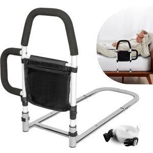 Bed Rails for Elderly Adults Safety with Storage Pocket, Assist Rail with Dual Grab Bars for Easily Getting in & Out of Bed, Bed Rail Fits King, Queen, Full, Twin Bed (Standard)