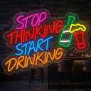 Stop Thinking Start Drinking Neon Sign, 17" x 12.4" USB Powered LED Neon Light with Beer Bottle & Glass, Colorful Funny Bar Neon Signs for Wall Decor, Perfect for Home Bar, Man Cave, Pub, Party, Bedroom, Wall Art