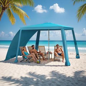Beach Cabana-6.6x6.6Beach Canopy with Side Wall,Portable Umbrella Tent with Sand Pockets for Family & Friends,Easy Up Beach Sun Shelter for Outdoor Patios,Backyards,and Camping,Blue, 6.6' x 6.6' x 9.055'