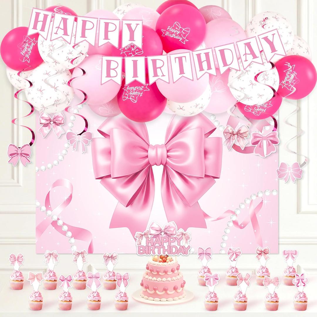 Pink Bow Birthday Party Supplies Decoration, Coquette Birthday Decorations Include Bow Themed Backdrop Banner Hanging Swirls Cake Topper Balloons for Girls and Women.