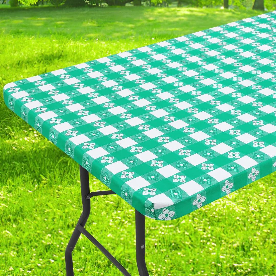 Rectangle Vinyl Table Cloth, Waterproof Elastic Fitted Tablecloth with Flannel Backing, Plastic Table Cover for Picnic, Camping, Outdoor (White & Green, 30"x72")