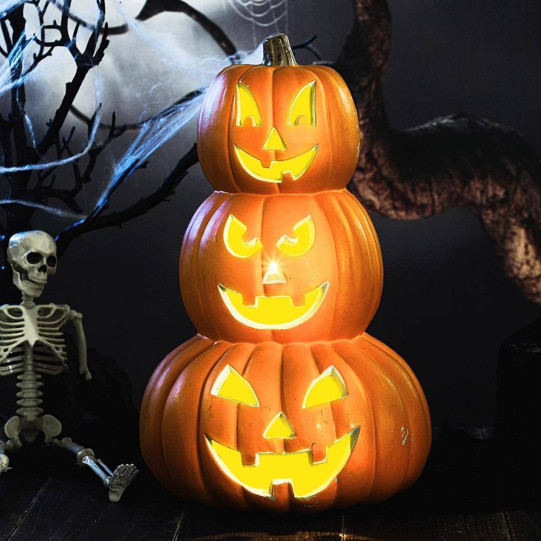 Retisee 3 Tiers 14 Inch Halloween Orange Pumpkin Lantern Decoration with LED Bulbs Lights Large Plastic Stacked Jack O Lantern Pumpkins Lights Indoor for Halloween Front Door Decor Indoor Decoration