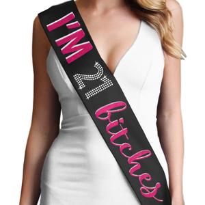 Pack of 4, 
21st Birthday Sash Black - Hot Pink Sparkle with Crystal Rhinestones "I'm 21 Bitches!" Premium Satin Sash - Black Sash(Im21Btch HP) BLK