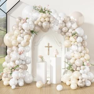 Amandir 173 Pcs Pearl White Balloon Arch Garland Kit, Double-Stuffed Pearl Ivory White Sand Clear Baptism Balloons for Wedding Bridal Shower Engagement First Communion Birthday Party Decorations