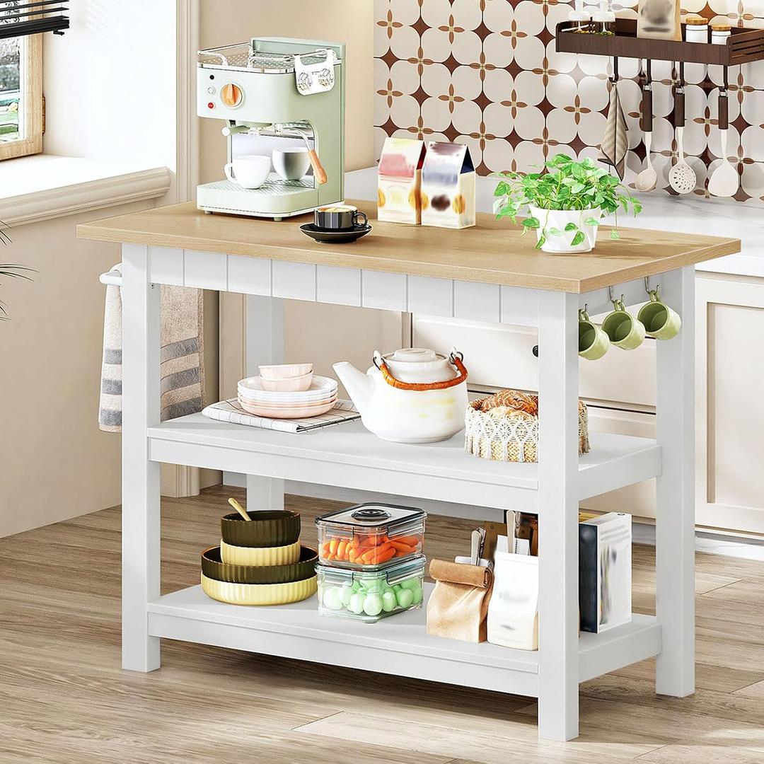 CHOEZON Kitchen Island with 3-Tier Storage and Hooks, White and Natural, 39.4 x 19.7 x 36.5 inches