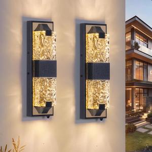 HITTO Porch Lights Outdoor, Dusk to Dawn Outdoor Lighting 15.6'' Outdoor Wall Sconce, IP65 Waterproof LED Exterior Lamp, Ripple Crystal Glass, Black&Gold Modern Porch Light for House Front Door 2 Pack, 15.6IN