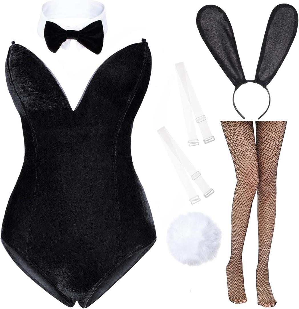 Anime Womens Bunny Girl Costume One Piece Bodysuit Halloween Cosplay Catsuit Bunny Headband Stockings Set (Small, Black)