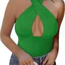 REORIA Butsmooth Women's Trendy Sexy Criss Cross Halter Neck Sleeveless Thong Bodysuits Tops Clubwear (Medium, Green)