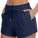  Women's Lounge Shorts with Pockets Summer Soft Drawstring Athletic Casual Sweat Shorts, Navy Blue Large