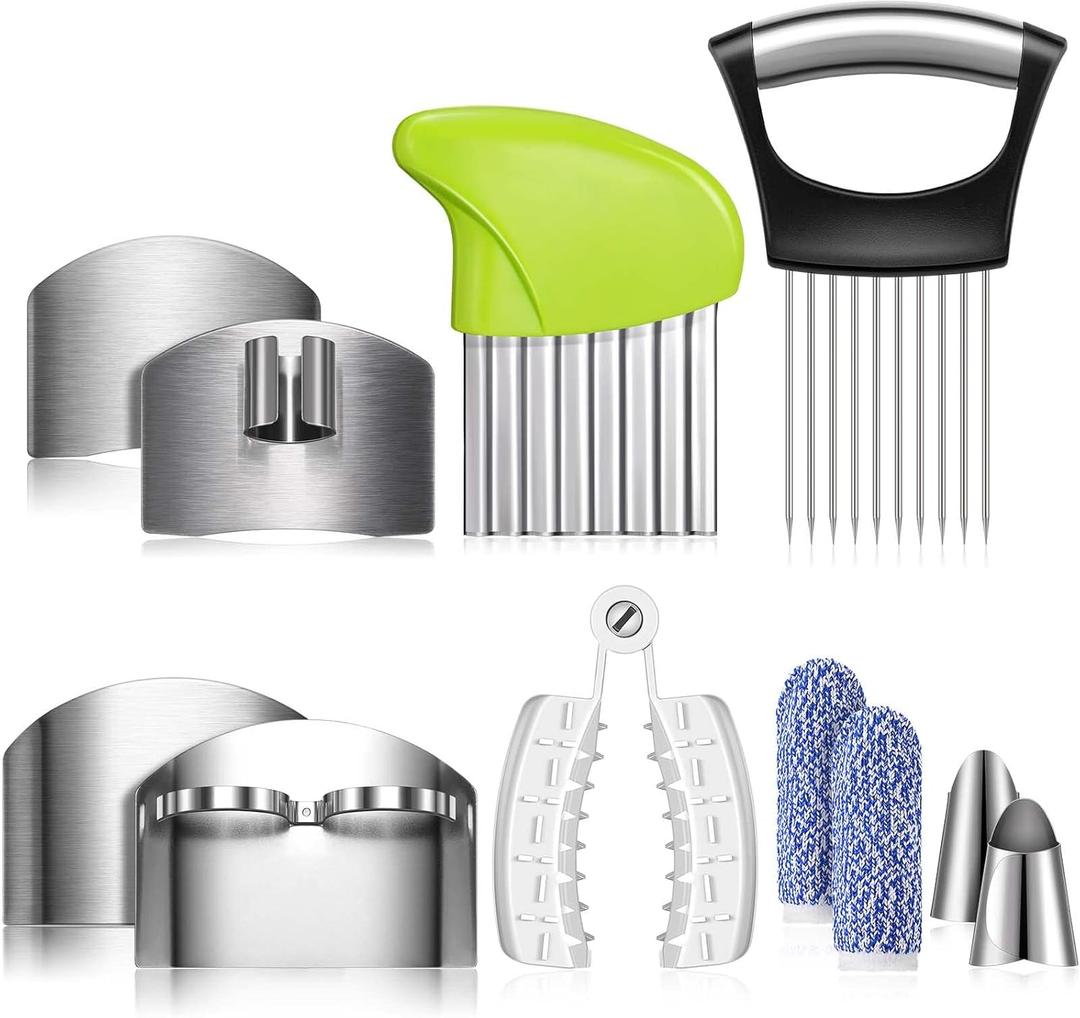 11 Pieces Finger Guard Set for Cutting Include 4 Stainless Steel Knife Cutting Protector 2 Thumb Guard Protector 2 Finger Cots Potato Butter Lettuce Crinkle Cutter Onion Holder Slicer Mandoline Slicer