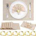 6 Set Beige Placemats, Gold Napkin Rings with Dinner Napkins Cloth, Heat Resistant Non-Slip Place Mats for Dining Table, Washable Durable PVC Vinyl Woven Table Mats for Plates Wedding