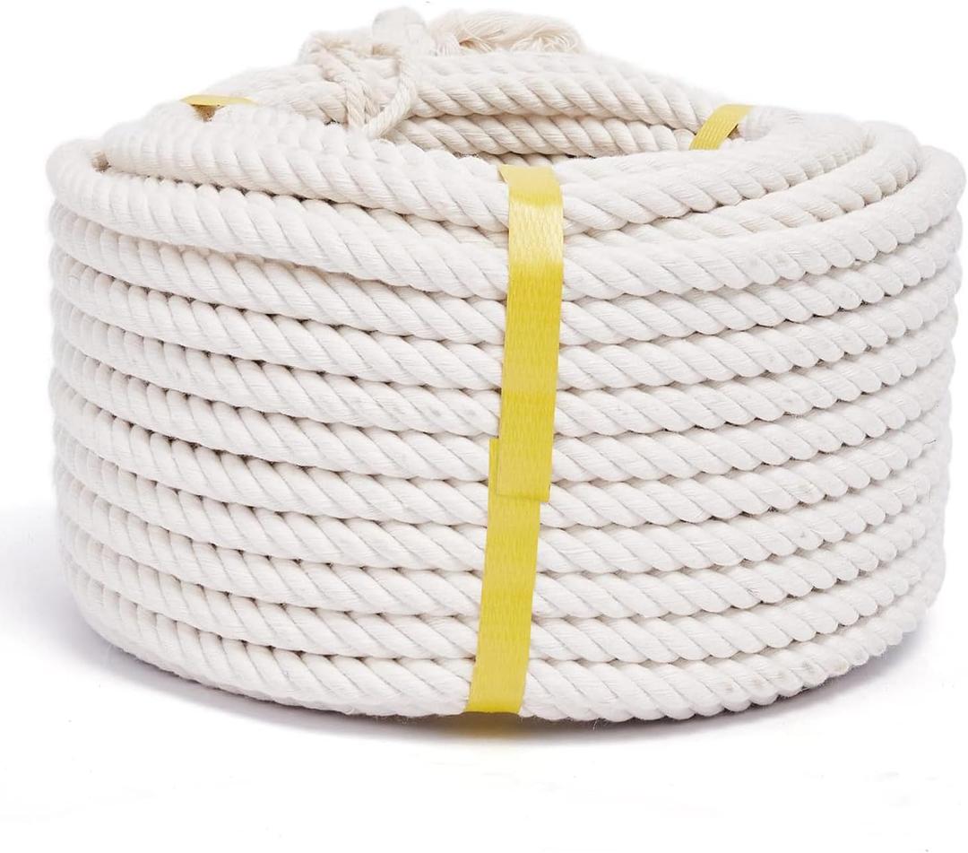 Natural Cotton Craft Rope 1/2 Inch x 100 Feet, 4-Strand Twisted Cotton Ropes, Natural Thick White Soft Rope Cord for Sports, Dcor, Pet Toys, DIY Crafts, Macram & Indoor Outdoor Use