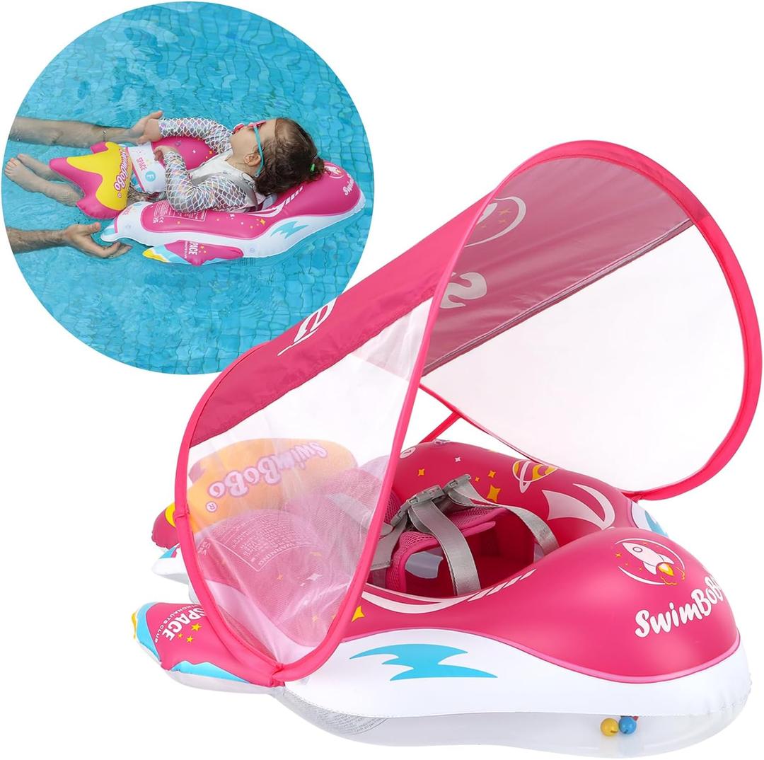 Swimbobo Baby Pool Float Inflatable Spaceship Infant Swim Float with Cloth Safety Seat Pool Toys for Kids 6-36 Months(Red, Large)