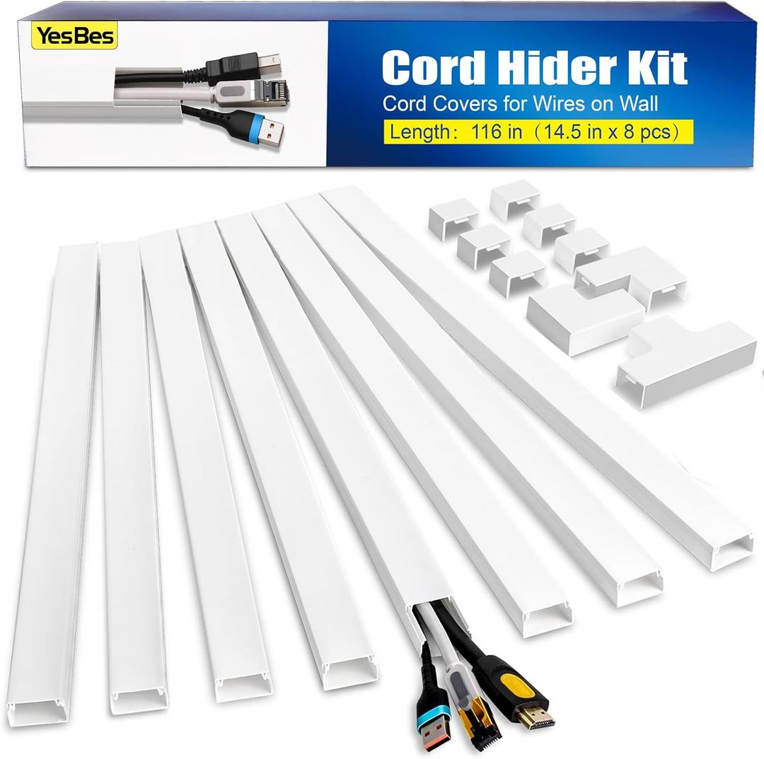 116in Cord Hider Kit, Cord Covers for Wires on Wall, Paintable Cable Raceway, Cord Hider for Wall Mount Tv, Tv Cable Hider Wall Kit, Wire Covers for Cords, W0.96in X H0.57in, White