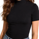 WDIRARA Women's High Neck T Shirts Short Sleeve Fitted Tees Base Layer Tops Black X-Small