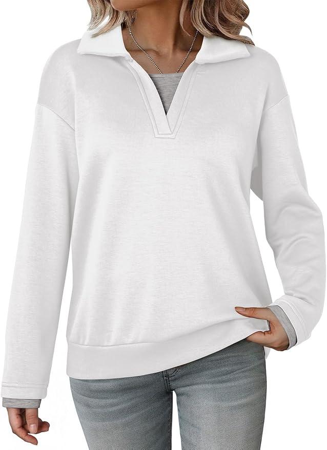 Dokotoo Sweatshirt for Women Long Sleeve V Neck Color Block Oversized Casual Pullover Sweatshirts Tops, L