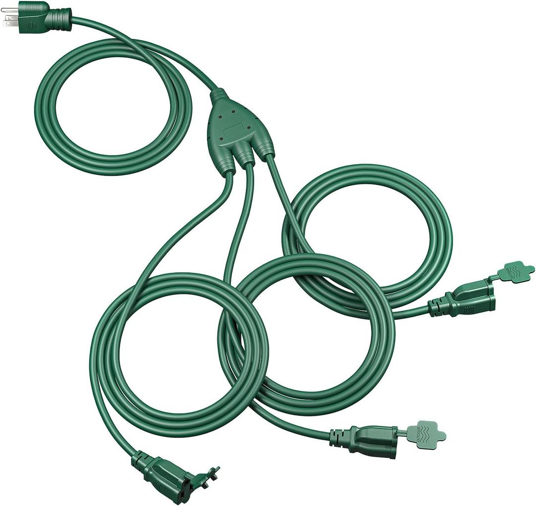 DEWENWILS 25Ft Outdoor Extension Cord Multiple Outlets, Evenly Spaced 3 Outlets Plugs with Safety Cover, 16/3 SJTW Weatherproof Wire for Outdoor String Lights and Holiday Decorations (Green)